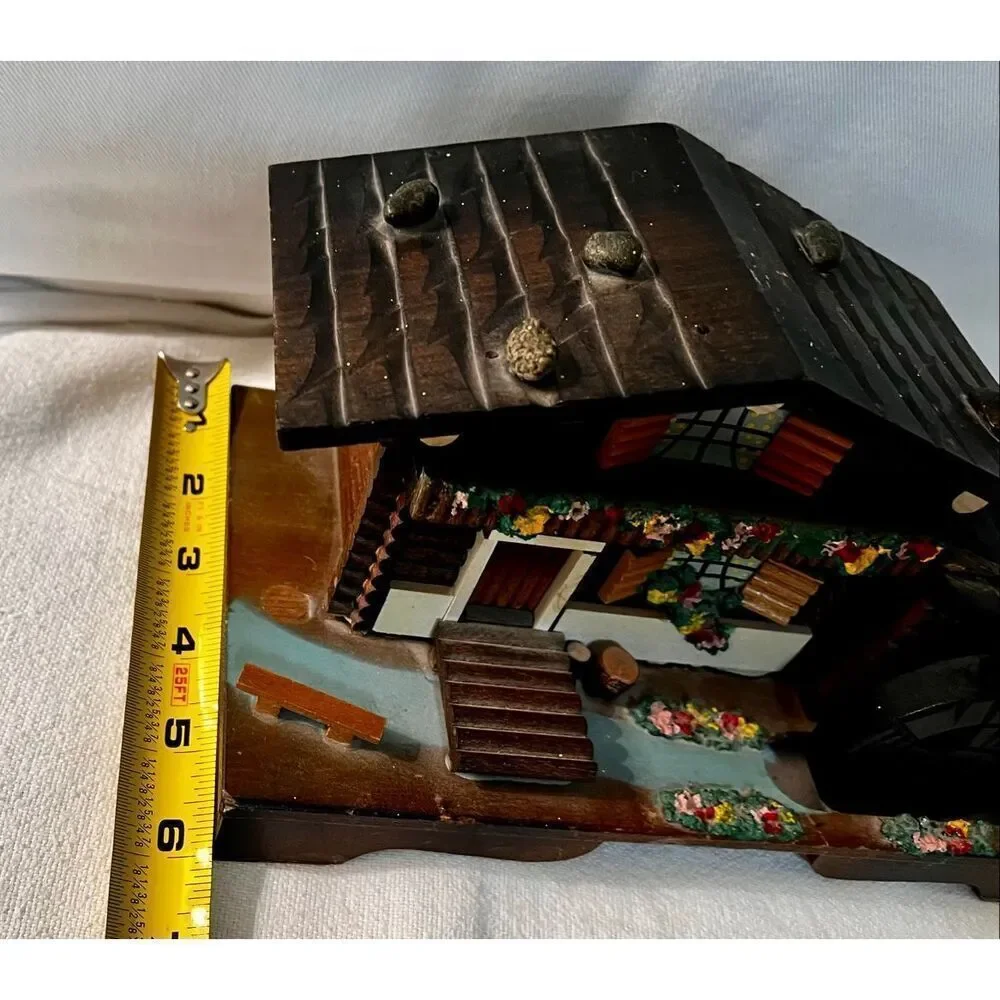 VTG 1960's Log Cabin Cottage Mill Moving Water Wheel Jewelry Music Box Japan
